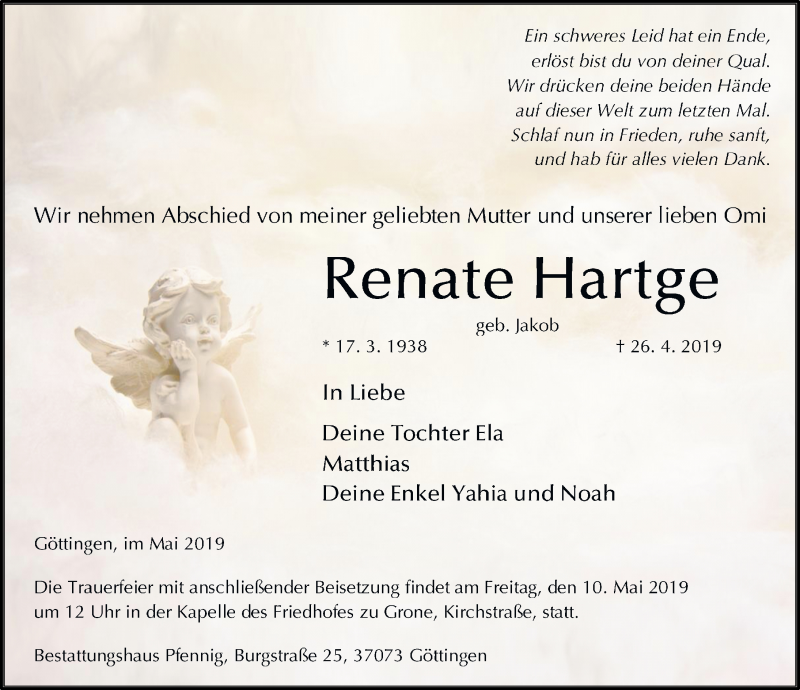  Traueranzeige für Renate Hartge vom 04.05.2019 aus Göttinger Tageblatt