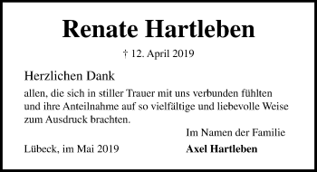 Traueranzeige von Renate Hartleben von Lübecker Nachrichten