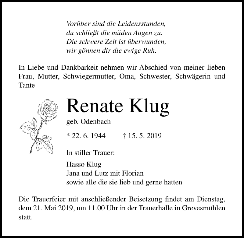  Traueranzeige für Renate Klug vom 18.05.2019 aus Ostsee-Zeitung GmbH