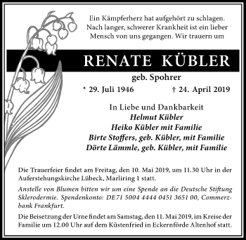 Traueranzeige von Renate Kübler von Lübecker Nachrichten