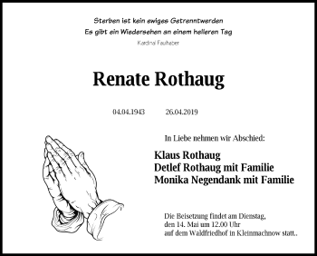 Traueranzeige von Renate Rothaug von Märkischen Allgemeine Zeitung