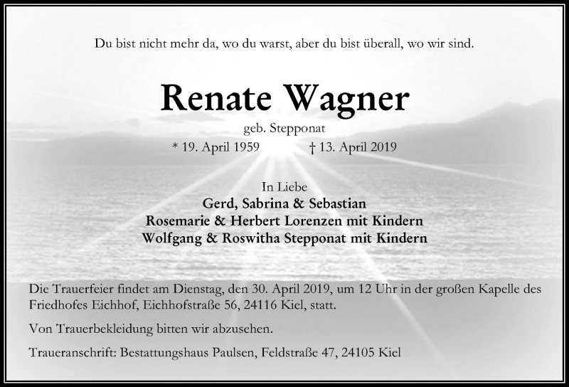  Traueranzeige für Renate Wagner vom 24.04.2019 aus Kieler Nachrichten