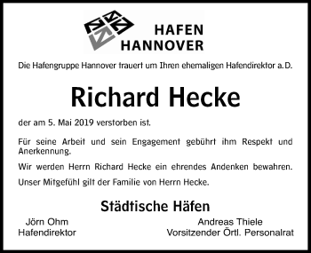 Traueranzeige von Richard Hecke von Hannoversche Allgemeine Zeitung/Neue Presse
