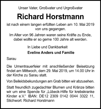 Traueranzeige von Richard Horstmann von Lübecker Nachrichten