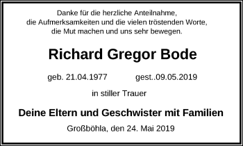 Traueranzeige von Richard Gregor Bode von Leipziger Volkszeitung