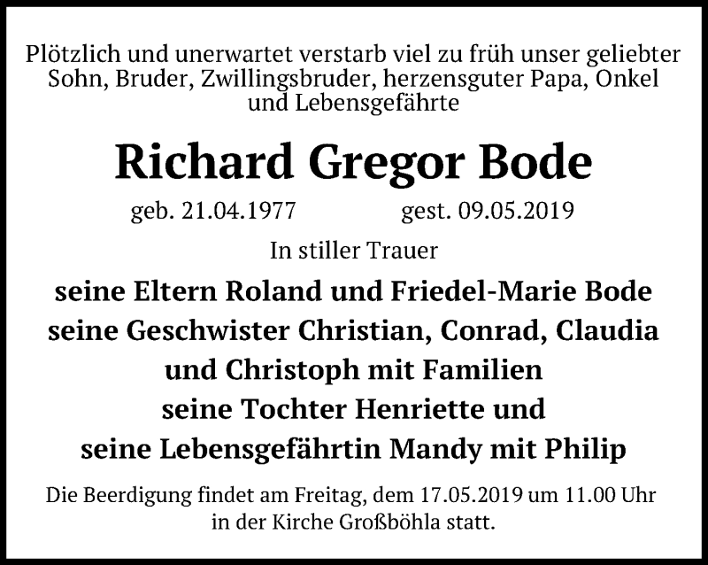  Traueranzeige für Richard Gregor Bode vom 14.05.2019 aus Leipziger Volkszeitung