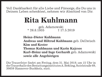 Traueranzeige von Rita Kuhlmann von Hannoversche Allgemeine Zeitung/Neue Presse