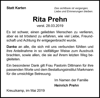 Traueranzeige von Rita Prehn von Lübecker Nachrichten