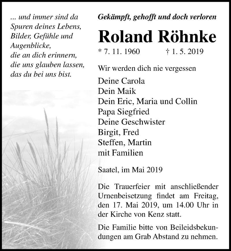  Traueranzeige für Roland Röhnke vom 14.05.2019 aus Ostsee-Zeitung GmbH