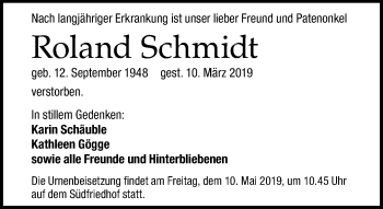 Traueranzeige von Roland Schmidt von Leipziger Volkszeitung