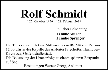 Traueranzeige von Rolf Schmidt von Hannoversche Allgemeine Zeitung/Neue Presse