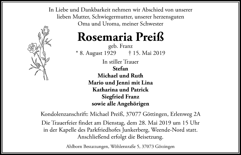  Traueranzeige für Rosemaria Preiß vom 25.05.2019 aus Göttinger Tageblatt
