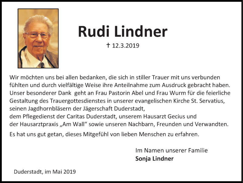  Traueranzeige für Rudi Lindner vom 25.05.2019 aus Eichsfelder Tageblatt