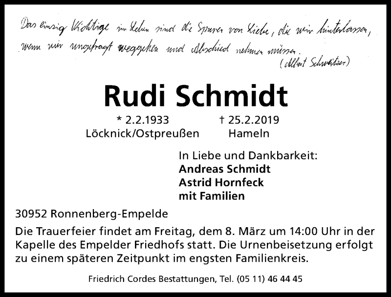  Traueranzeige für Rudi Schmidt vom 02.03.2019 aus Hannoversche Allgemeine Zeitung/Neue Presse