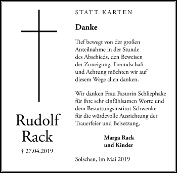 Traueranzeige von Rudolf Rack von Peiner Allgemeine Zeitung