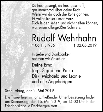 Traueranzeige von Rudolf Wehrhahn von Schaumburger Nachrichten