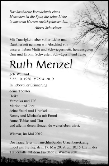 Traueranzeige von Ruth Menzel von Ostsee-Zeitung GmbH