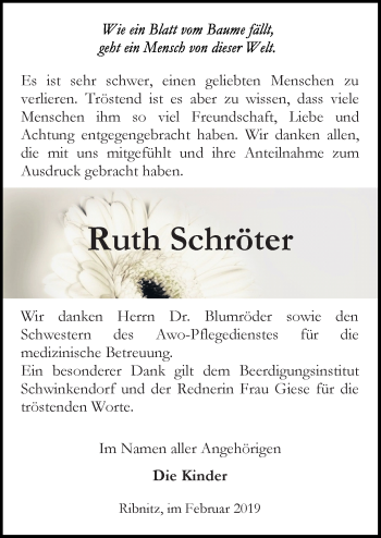 Traueranzeige von Ruth Schröter von Ostsee-Zeitung GmbH