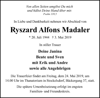 Traueranzeige von Ryszard Alfons Madaler von Lübecker Nachrichten