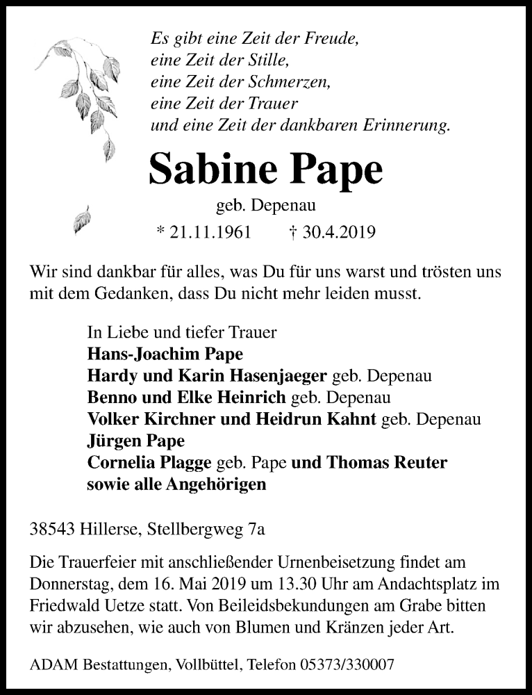  Traueranzeige für Sabine Pape vom 07.05.2019 aus Aller Zeitung