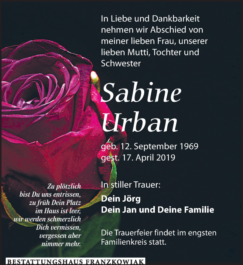  Traueranzeige für Sabine Urban vom 11.05.2019 aus Leipziger Volkszeitung