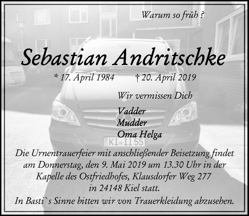  Traueranzeige für Sebastian Andritschke vom 04.05.2019 aus Kieler Nachrichten