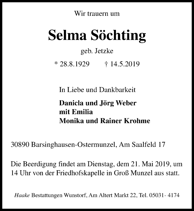  Traueranzeige für Selma Söchting vom 18.05.2019 aus Hannoversche Allgemeine Zeitung/Neue Presse