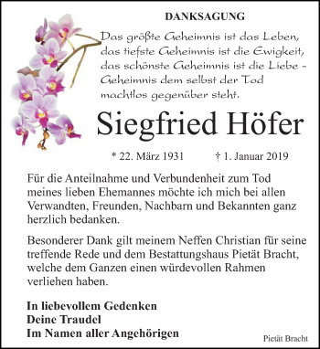 Traueranzeige von Siegfried Höfer von Leipziger Volkszeitung