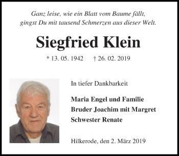 Traueranzeige von Siegfried Klein von Göttinger Tageblatt