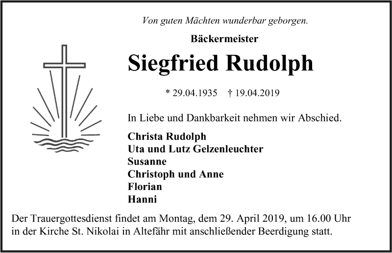  Traueranzeige für Siegfried Rudolph vom 24.04.2019 aus Ostsee-Zeitung GmbH