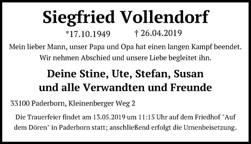  Traueranzeige für Siegfried Vollendorf vom 04.05.2019 aus Ostsee-Zeitung GmbH