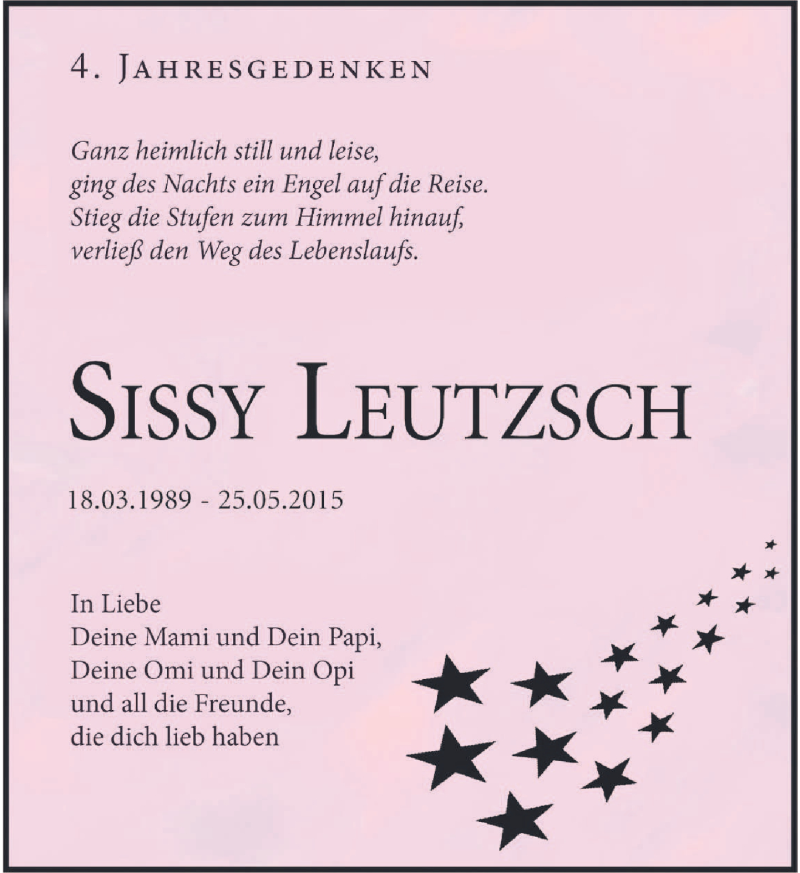  Traueranzeige für Sissy Leutzsch vom 25.05.2019 aus Leipziger Volkszeitung