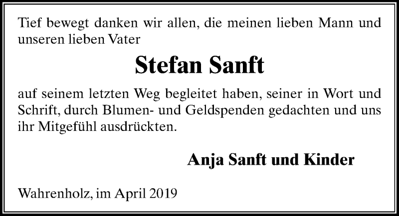  Traueranzeige für Stefan Sanft vom 27.04.2019 aus Aller Zeitung