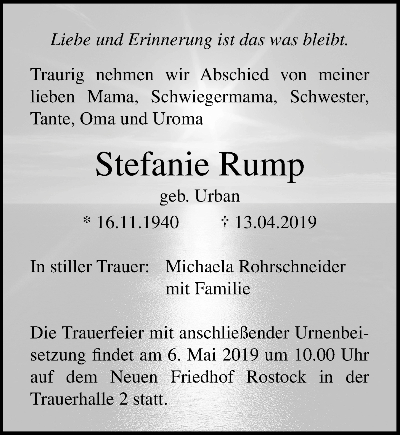  Traueranzeige für Stefanie Rump vom 20.04.2019 aus Ostsee-Zeitung GmbH