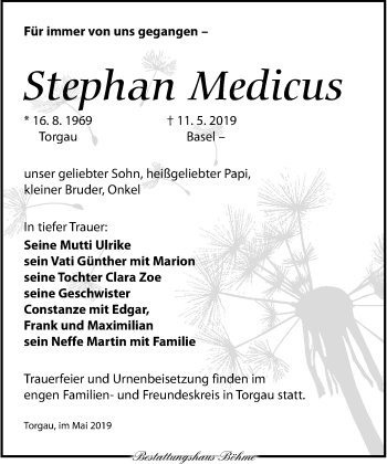 Traueranzeige von Stephan Medicus von Torgauer Zeitung