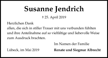 Traueranzeige von Susanne Jendrich von Lübecker Nachrichten