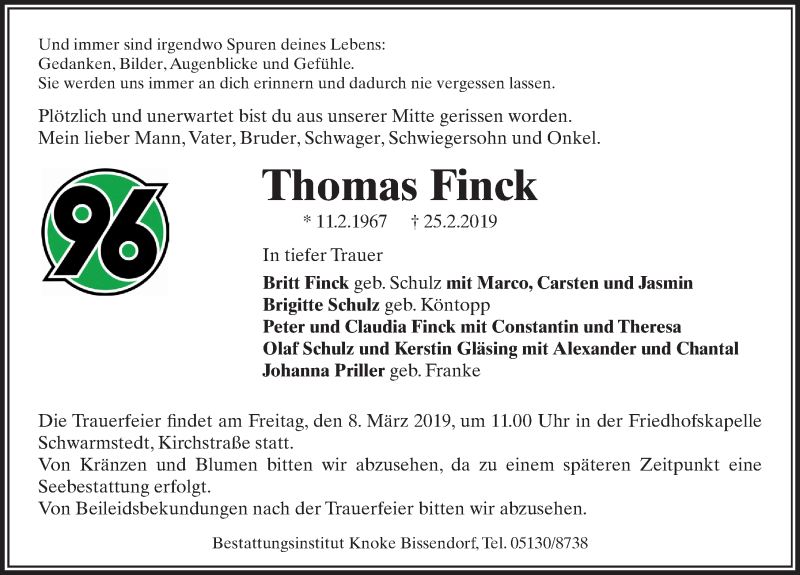  Traueranzeige für Thomas Finck vom 02.03.2019 aus Schaumburger Nachrichten