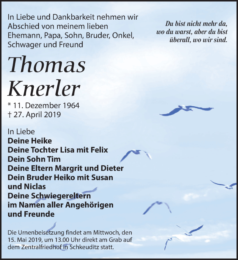  Traueranzeige für Thomas Knerler vom 06.05.2019 aus Leipziger Volkszeitung