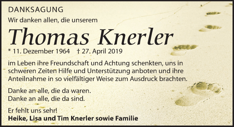  Traueranzeige für Thomas Knerler vom 25.05.2019 aus Leipziger Volkszeitung