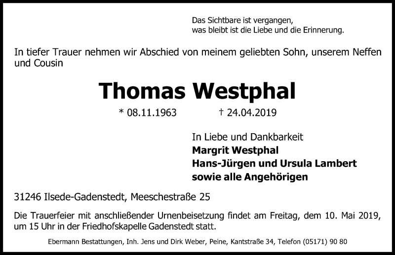  Traueranzeige für Thomas Westphal vom 04.05.2019 aus Peiner Allgemeine Zeitung