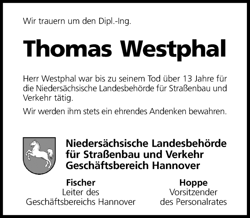  Traueranzeige für Thomas Westphal vom 04.05.2019 aus Hannoversche Allgemeine Zeitung/Neue Presse