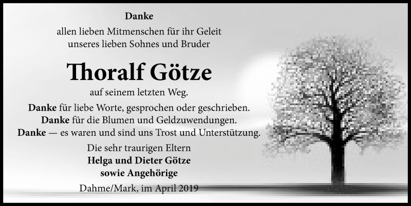 Traueranzeige für Thoralf Götze vom 20.04.2019 aus Märkischen Allgemeine Zeitung