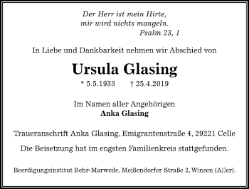 Traueranzeige von Ursula Glasing von Peiner Allgemeine Zeitung