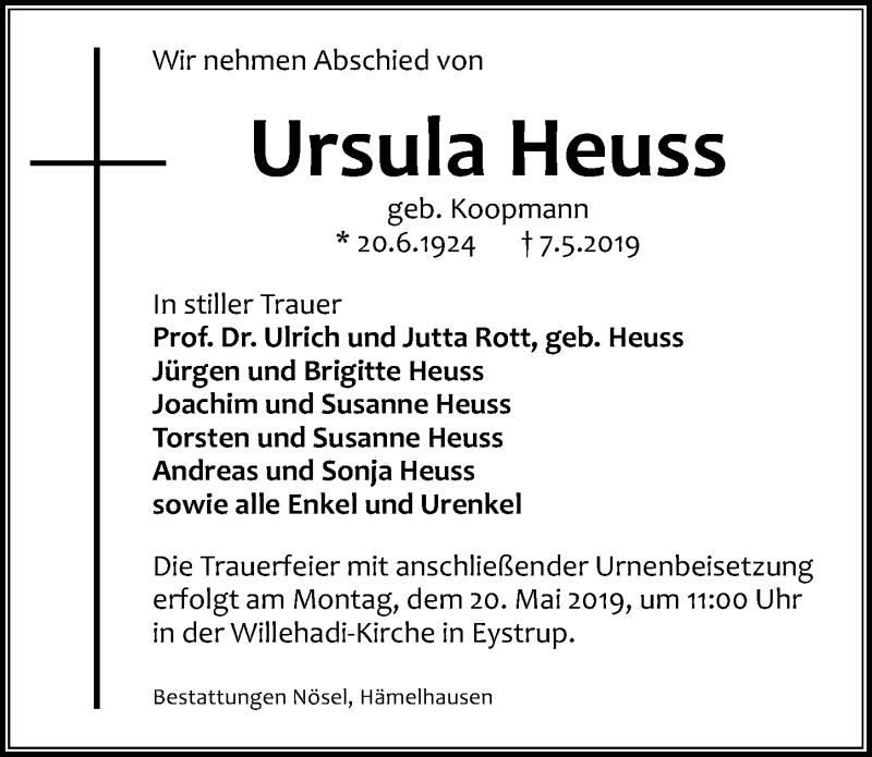  Traueranzeige für Ursula Heuss vom 18.05.2019 aus Hannoversche Allgemeine Zeitung/Neue Presse