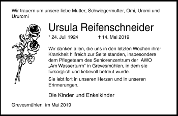 Traueranzeige von Ursula Reifenschneider von Ostsee-Zeitung GmbH