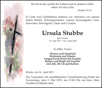 Traueranzeige von Ursula Stubbe von Ostsee-Zeitung GmbH