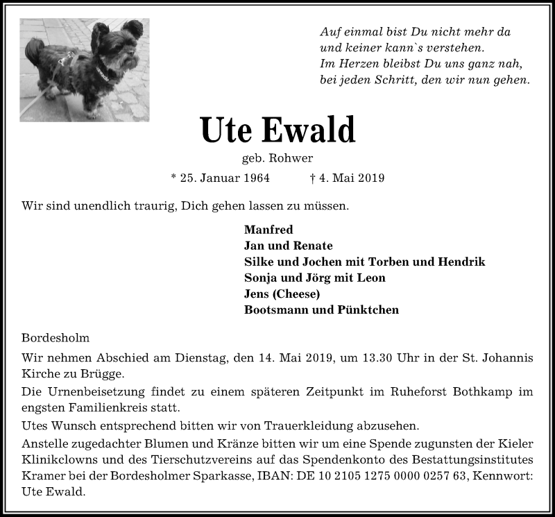  Traueranzeige für Ute Ewald vom 11.05.2019 aus Kieler Nachrichten