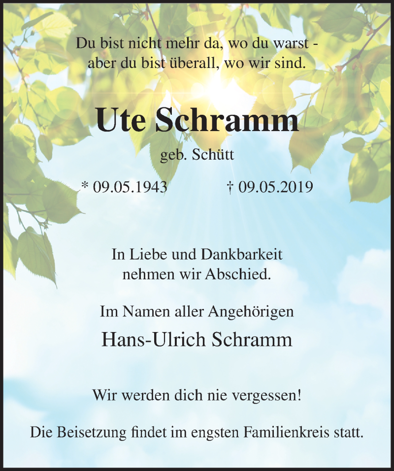  Traueranzeige für Ute Schramm vom 18.05.2019 aus Ostsee-Zeitung GmbH
