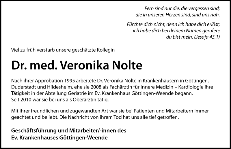  Traueranzeige für Veronika Nolte vom 18.05.2019 aus Göttinger Tageblatt