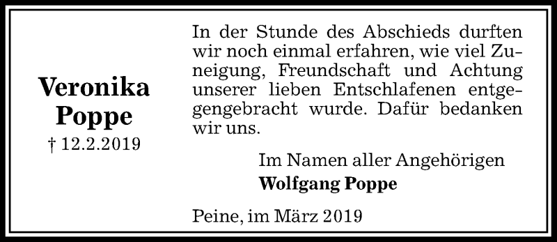  Traueranzeige für Veronika Poppe vom 02.03.2019 aus Peiner Allgemeine Zeitung